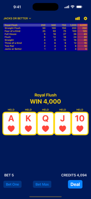 Heavy Video Poker royal flush win paying 4,000 credits on the classic casino theme